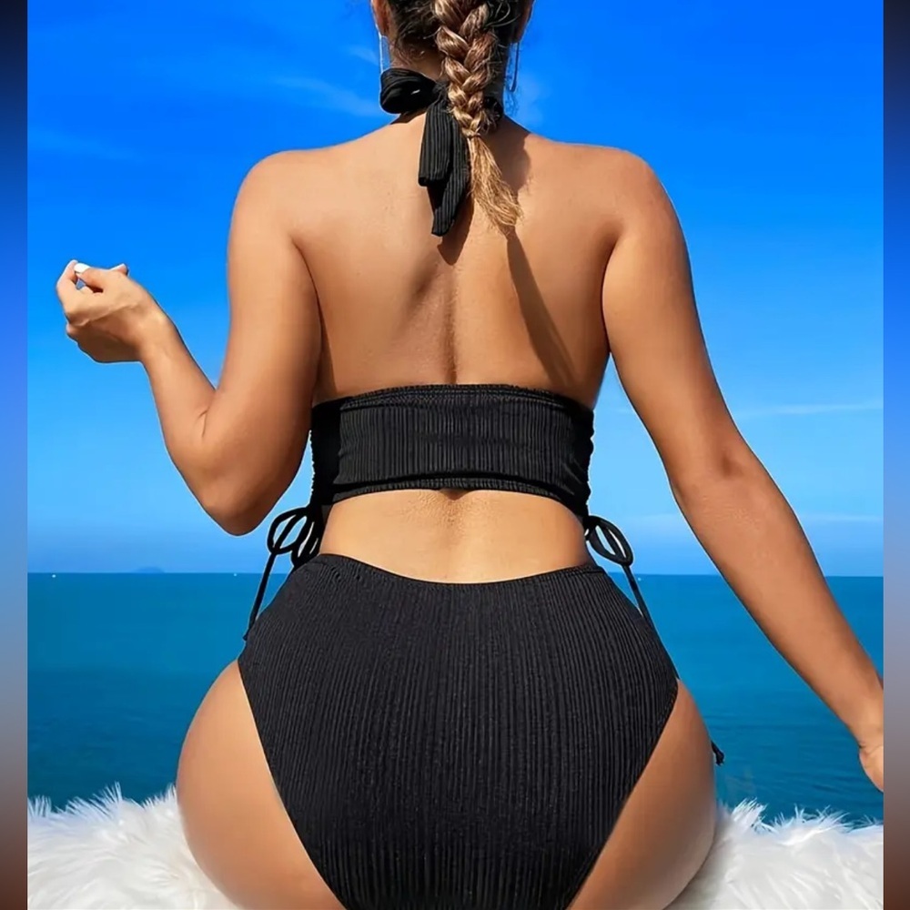 Black Textured Halter High Waisted Bikini Set - Picture 2 of 7